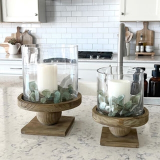 Candle Holder Set, Clear Glass with Flared Rims and Dark Wood Bases