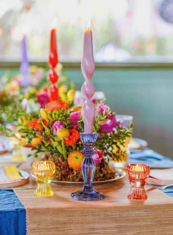 Candle Holder Set Colored Glass Bobbin Stem Design Vibrant Boho