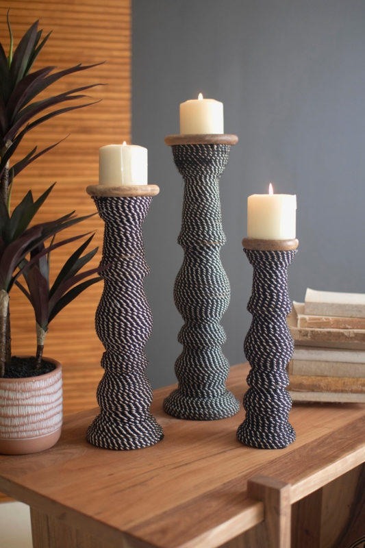 Candle Holder Set Cord Wrapped Wood Staggered Heights Bohemian