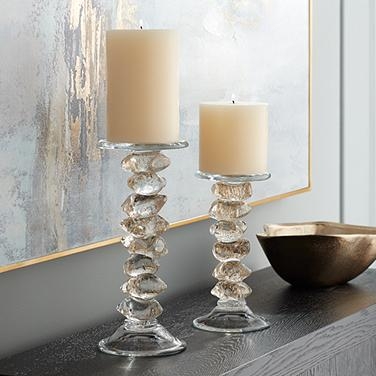 Candle Holder Set: Crackle Glass Stem with Tiered Gold Base