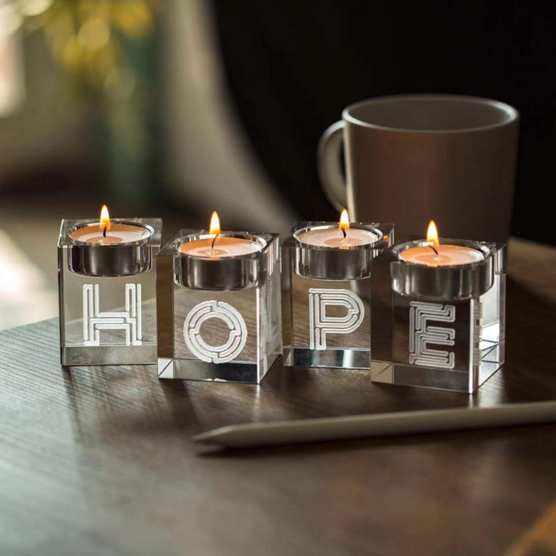 Candle Holder Set Crystal Glass Blocks Modern Etched Votive Set