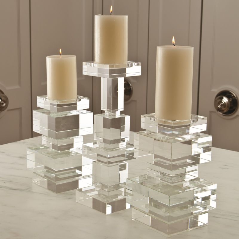 Candle Holder Set Crystal Stacked Geometric Blocks Varying Heights Modern