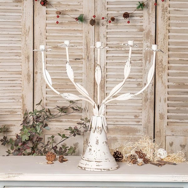 Candle Holder Set Distressed Ancient White Pedestal