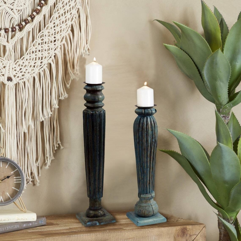 Candle Holder Set Distressed Blue Fluted Column Boho Mantel Decor