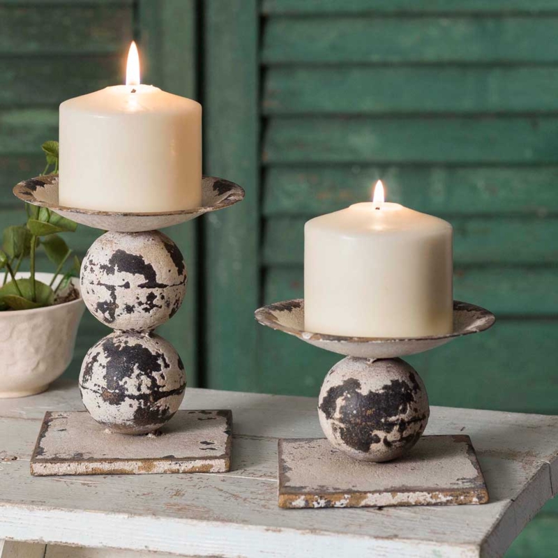 Candle Holder Set: Distressed Metal Spherical Cages, Graduated Heights
