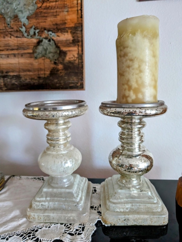 Candle Holder Set: Distressed Silver Mercury Glass, Speckled Texture