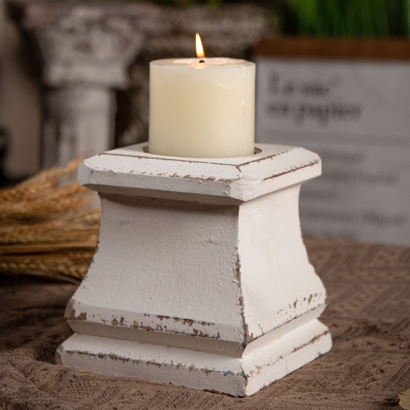 Candle Holder Set Distressed Whitewashed Wood with Chunky Square Base