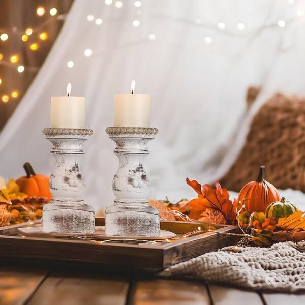 Candle Holder Set: Distressed Wood Turned Pedestals, Shabby Chic Style