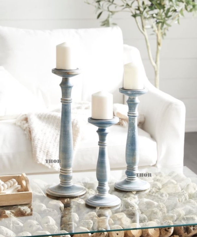 Candle Holder Set Distressed Wood with Hand Carved Details Staggered