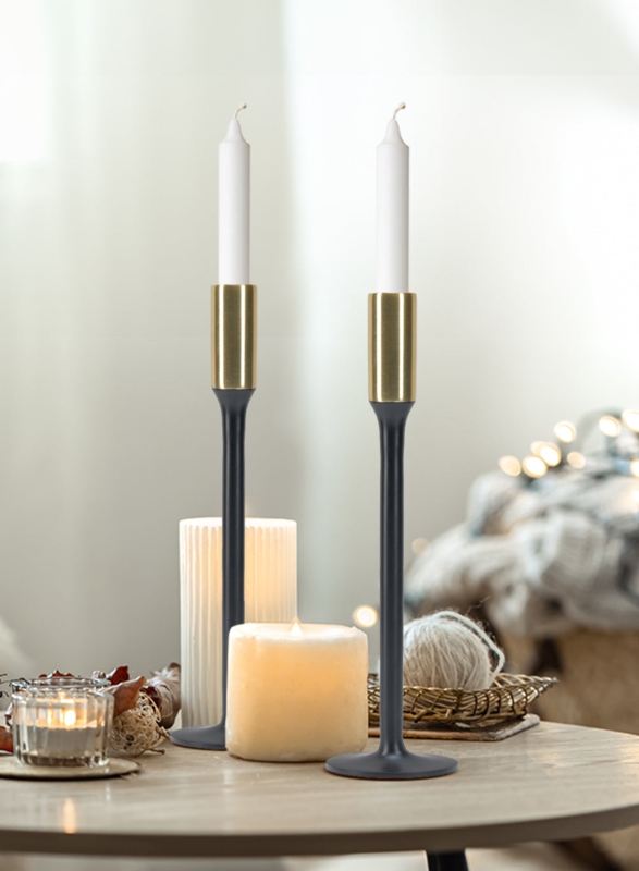 Candle Holder Set, Dual Tone Metal, Staggered Heights, Modern Minimalist.