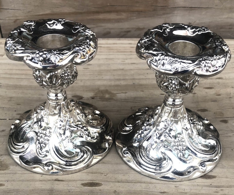Candle Holder Set Embossed Grape Pattern Traditional Vintage Pedestals