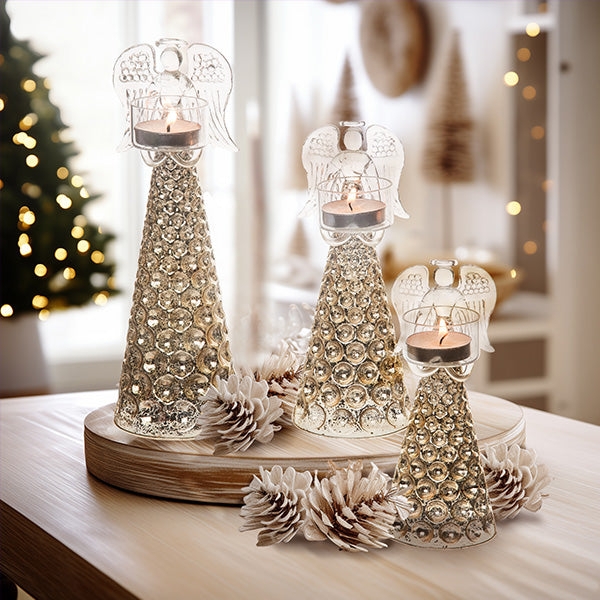 Candle Holder Set, Glass Angel Form Gold Accented Graduated.