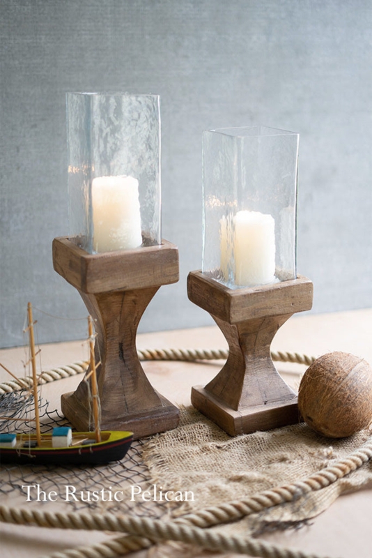 Candle Holder Set Glass Hurricane Reclaimed Wood Block Base