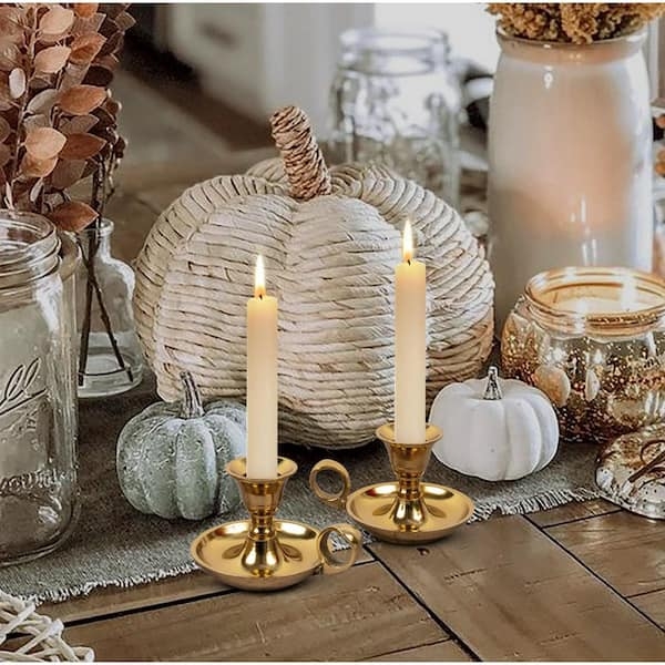 Candle Holder Set, Glossy Gold with Modern Loop Handle Design.