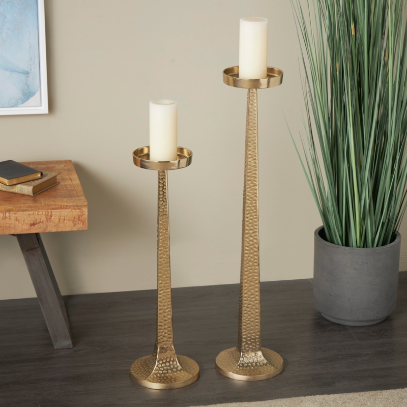 Candle Holder Set Gold Aluminum Hammered Texture Tapered Design