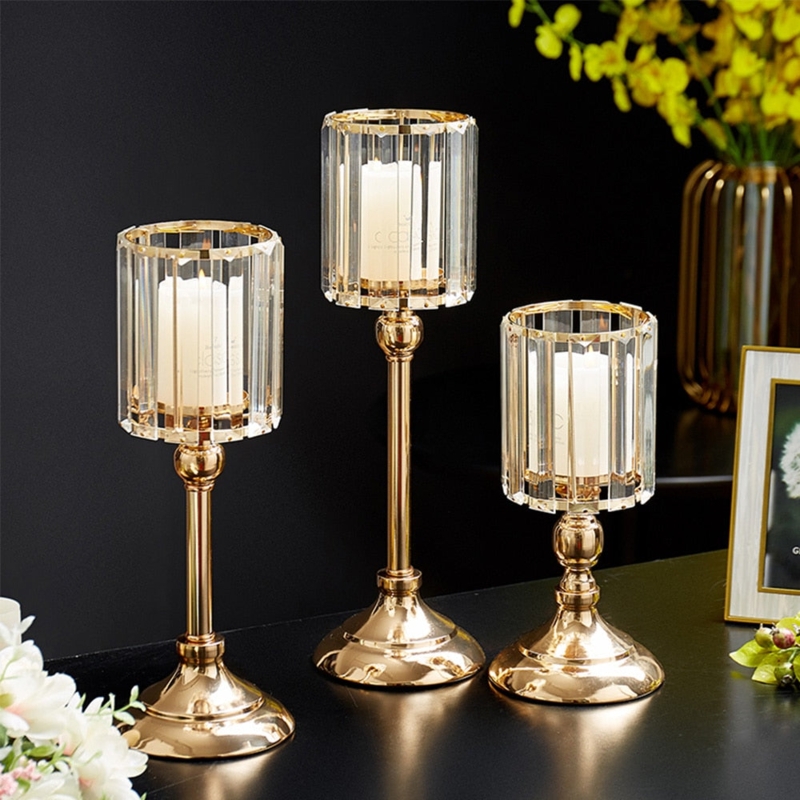 Candle Holder Set Gold Slender Stems Faceted Crystal Globes Graduated