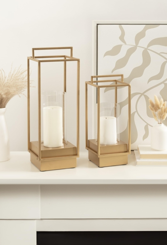 Candle Holder Set: Gold Wire Cage & Dark Wood Pedestal Lanterns