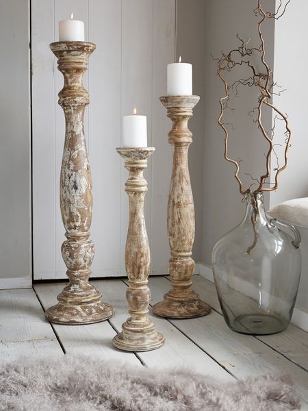 Candle Holder Set Graduated Spindle Silhouette Rustic Whitewashed Wood