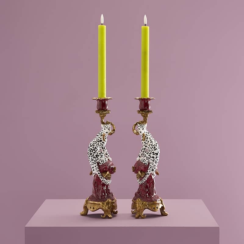 Candle Holder Set Hand Painted Leopard Silhouette Gold Accents Maximalist
