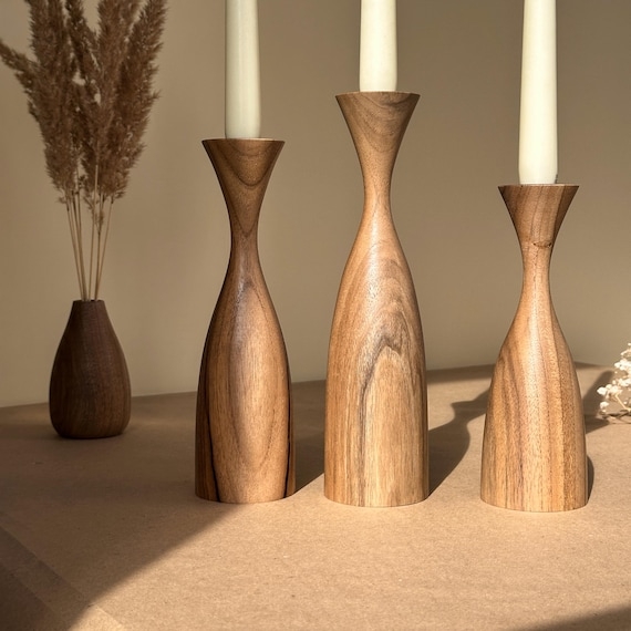 Candle Holder Set: Hourglass Silhouette, Sculptural Wood Taper Holders.
