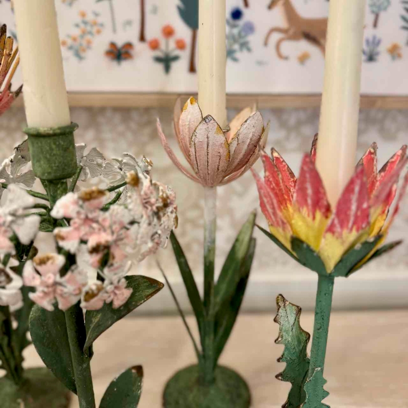 Candle Holder Set in Colorful Toleware Style Flower Shape