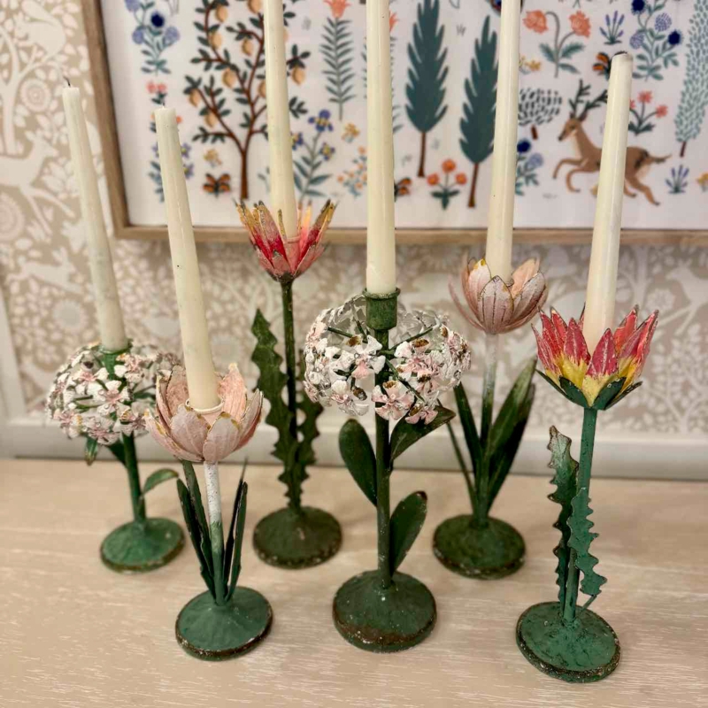 Candle Holder Set in Pink Toleware Style Flower Shape