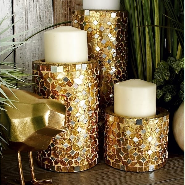 Candle Holder Set Iridescent Mosaic Tiles Graduated Cylinders Pearl