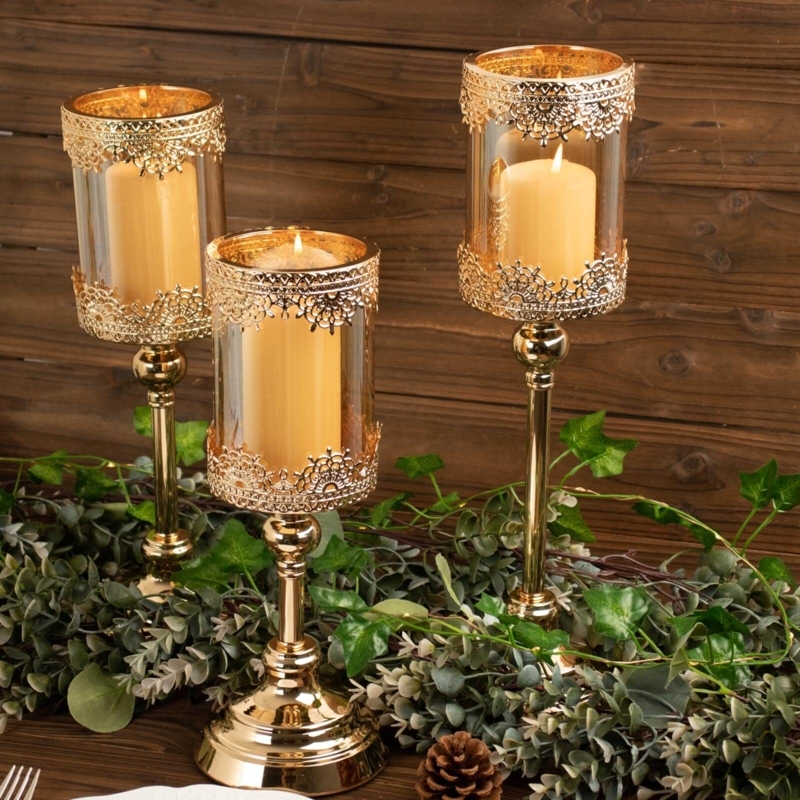 Candle Holder Set: Lace Pattern, Antique Finish, Hurricane Glass Shades.