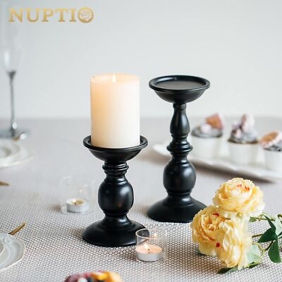 Candle Holder Set: Matte Black Metal Slender Stems, Graduated Heights