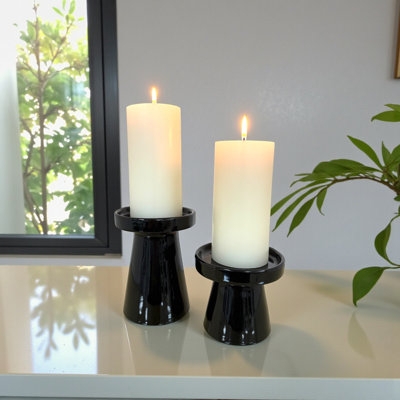 Candle Holder Set Matte Black Turned Spindle Design Staggered Trio