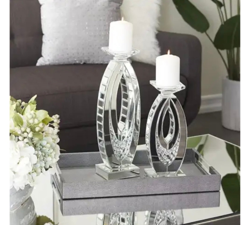 Candle Holder Set Mirrored Geometric Cut-Out Crystal Sphere Accents
