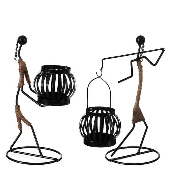 Candle Holder Set Modern Figural Silhouette Black Wireframe