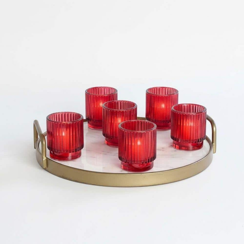 Candle Holder Set, Mottled Metallic Red Mercury Glass Boho