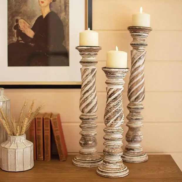 Candle Holder Set Natural Light Brown Turned Wood Spindle Base