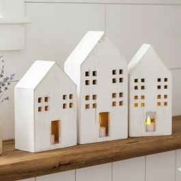 Candle Holder Set Natural Wood Grain House Silhouette Rustic Village