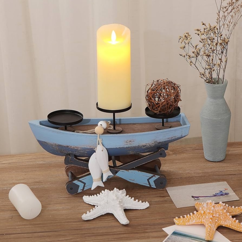 Candle Holder Set Nautical Sailboat Shape with Fabric Sails