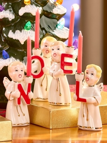 Candle Holder Set, Noel Lettering Angel Figurine Form.