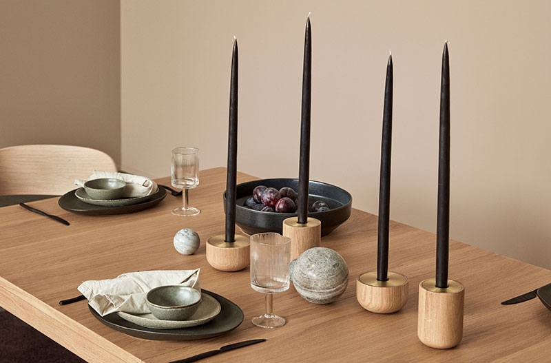 Candle Holder Set Oak Wood Brass Tiered Cylindrical Minimalist