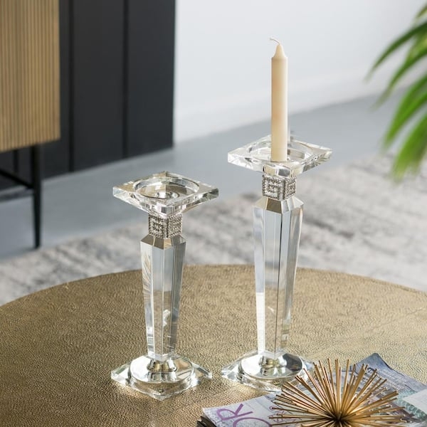 Candle Holder Set of 2 Crystal-Like Stepped Square Base Traditional