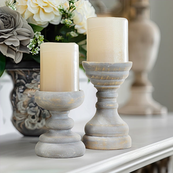 Candle Holder Set of Two with Distressed Gray Baluster Silhouette