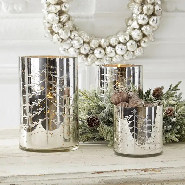 Candle Holder Set, Pedestal Base Mercury Glass Antique Finish.