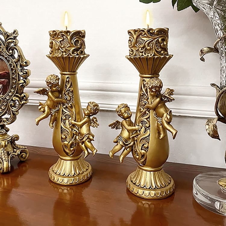 Candle Holder Set: Polished Gold Kneeling Angel Statues, Cherub Motif