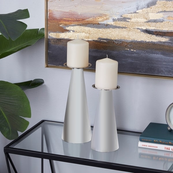 Candle Holder Set: Polished Silver Cylindrical Form with Ring Handles