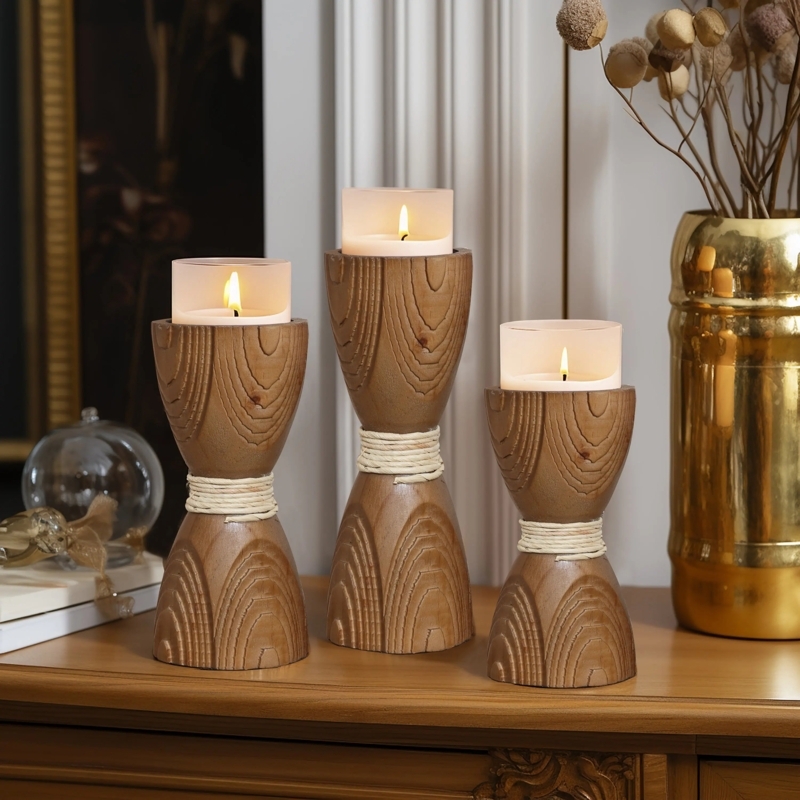 Candle Holder Set Rattan Wrapped Center Boho Wood And Rattan Decor