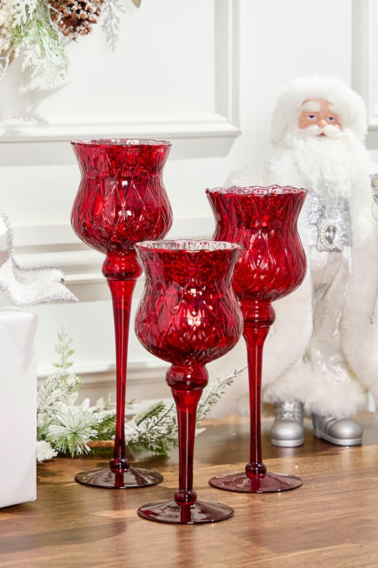 Candle Holder Set, Red Mercury Glass Finish Staggered Height.