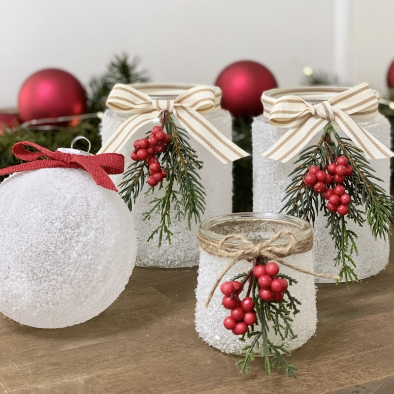 Candle Holder Set, Repurposed Mason Jar Faux Snow Filler.