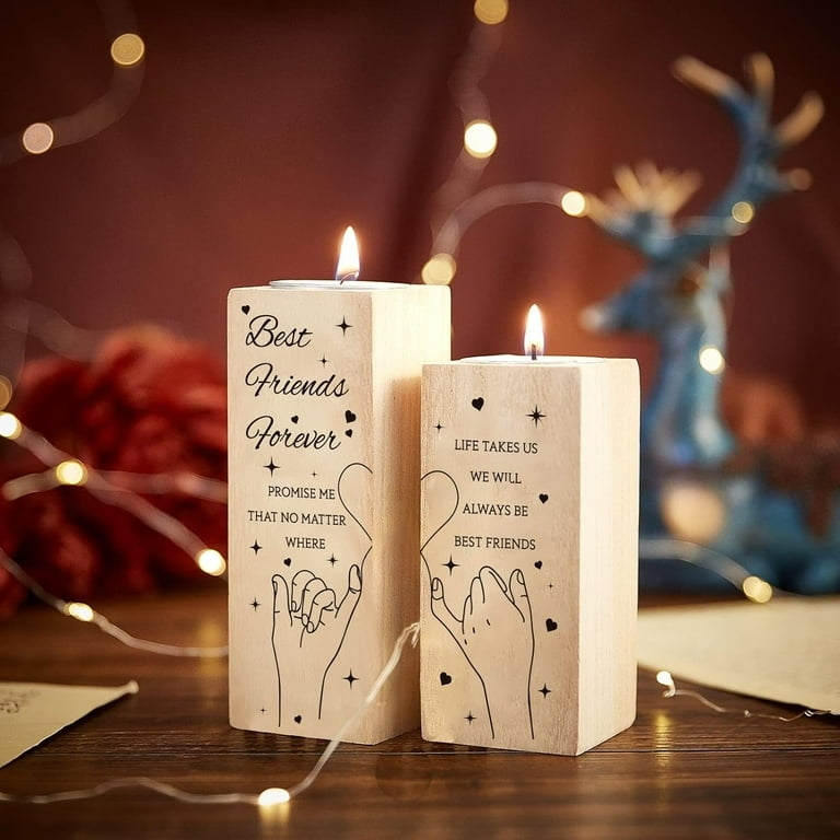 Candle Holder Set Rustic Wood Heart Cutout Candle Set with Text Graphic