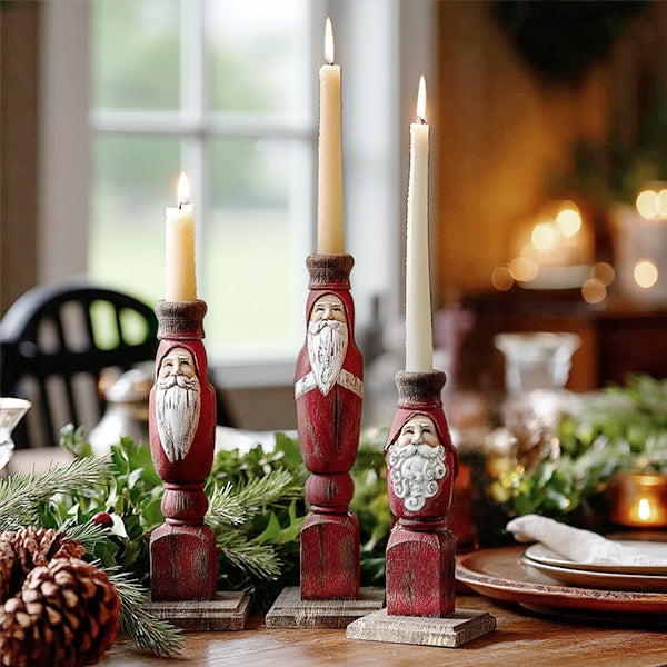Candle Holder Set, Santa Claus Figurines Distressed Finish.
