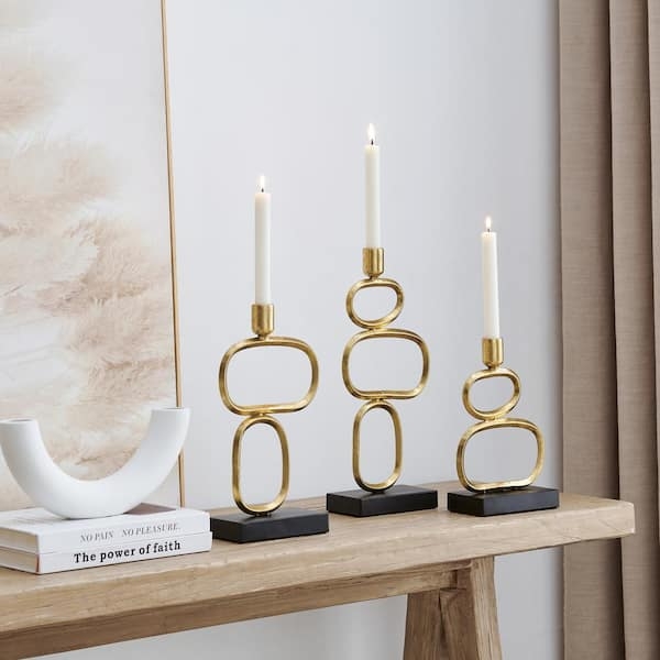 Candle Holder Set Sculpted Geometric Bi-Color contemporary mantel decor