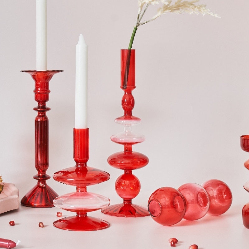 Candle Holder Set, Sculptural Geometric Red Pink Gradient Glass